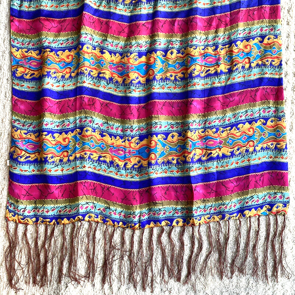 Vintage silk scarf long fringed wrap colorful double sided shawl elegant luxury
